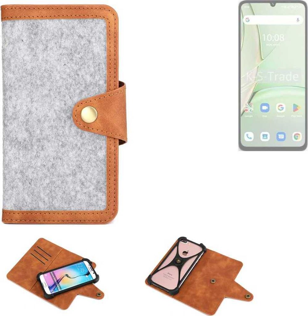 K-S-Trade Handyhülle kompatibel mit UMIDIGI Note 90 Schutzhülle Filz-Hülle Kunst-Leder hellgrau braun (1x)