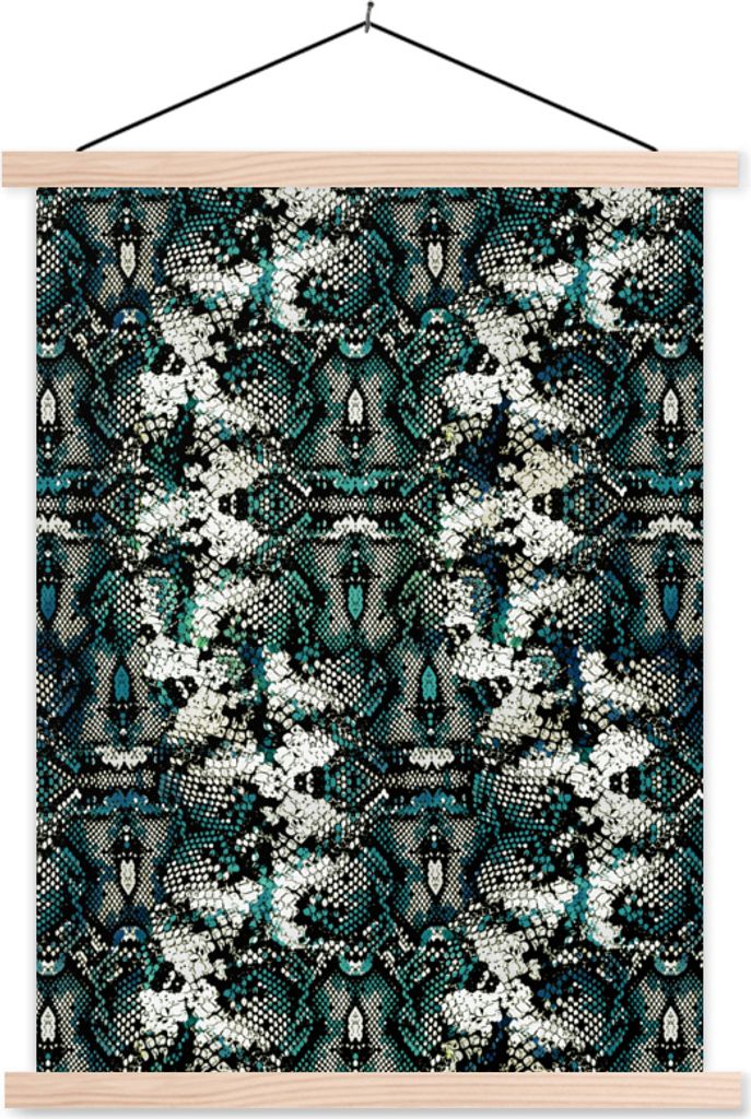 MuchoWow Textilposter Tiermuster - Schuppen - Weiß - Türkis 40x53 cm mit holzfarbenen Rahmen - Schlafzimmer