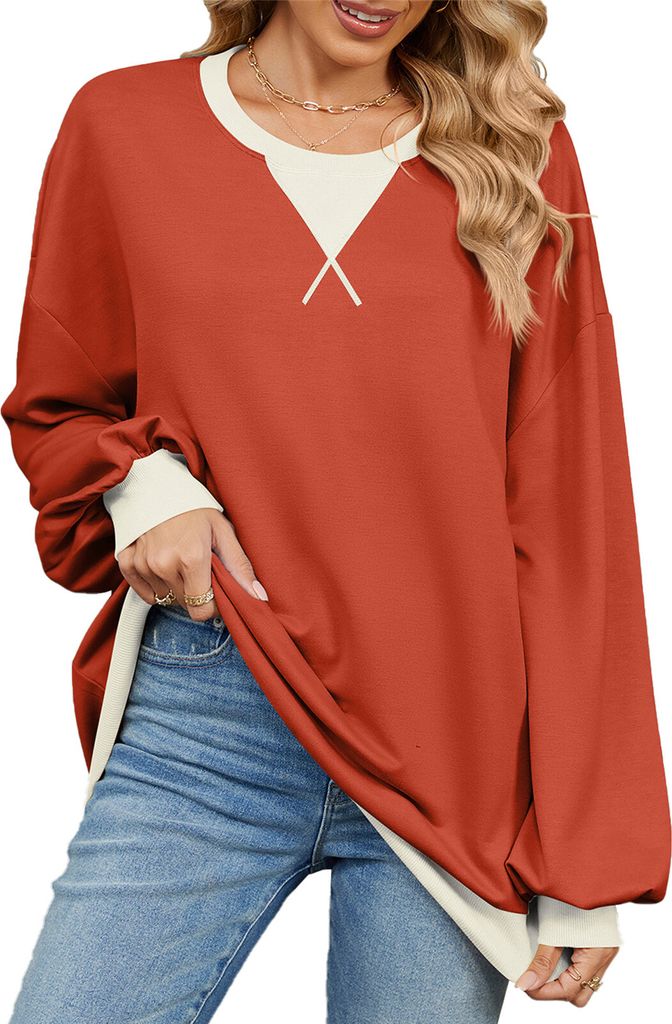 ASKSA Damen Sweatshirt Oversized Farbblock Rundhals Casual Langarmshirt Oberteile Herbst Y2K Shirt (Orange,L)