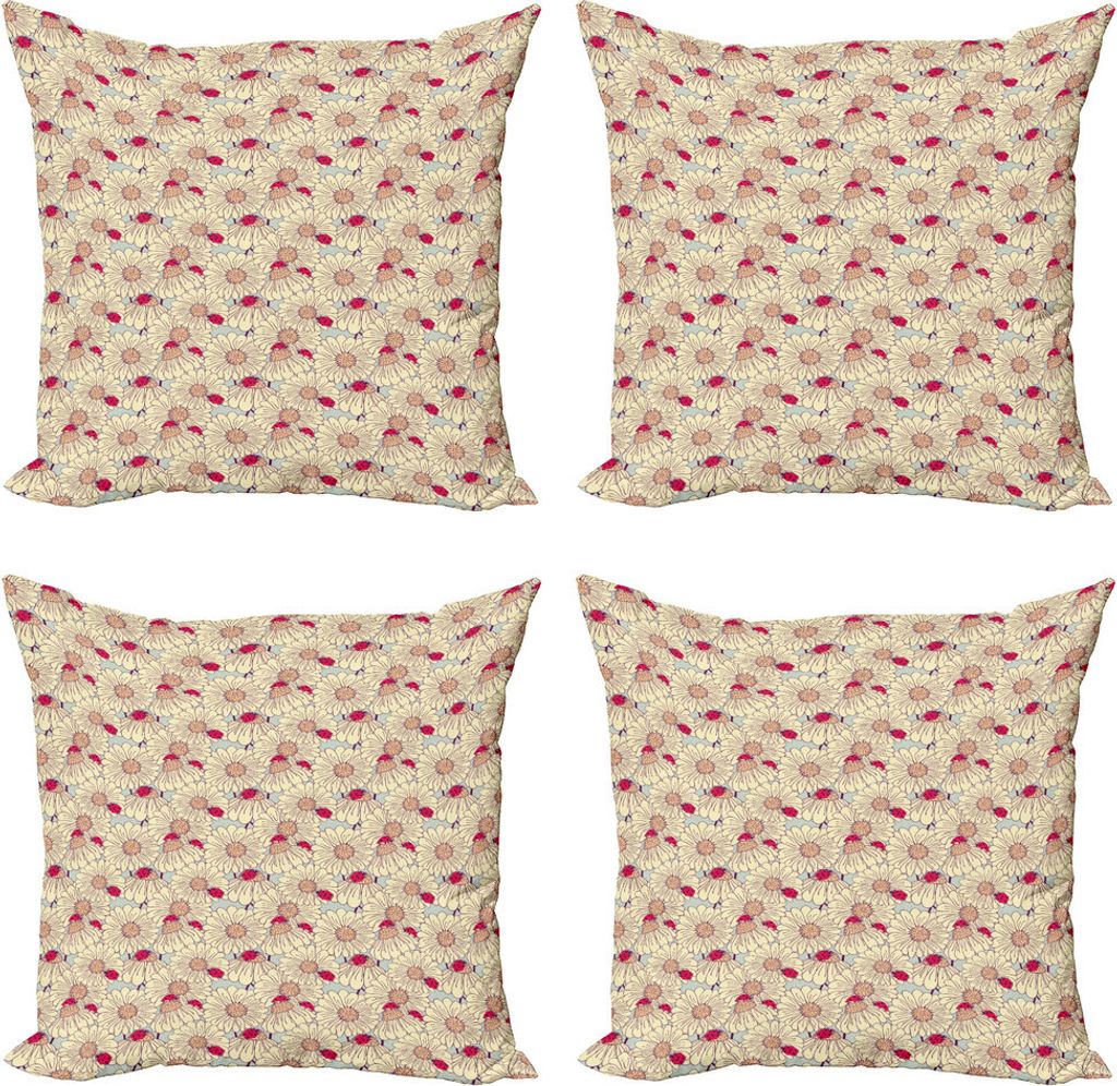 ABAKUHAUS Marienkäfer Kissenbezug Set (4 Stück), Spring Season Bugs, Moderner Doppelseitiger Digitaldruck, 50 cm x 50 cm, Dunkle Coral Creme