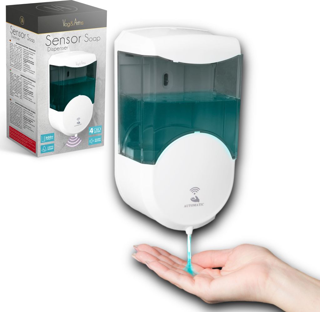 Vog&Arths - Automatischer Seifenspender mit Sensor - Seifenpumpe - Weiß / Smoke Transparent - Automatische Seifenpumpe - 600ML - auf Batterien!
