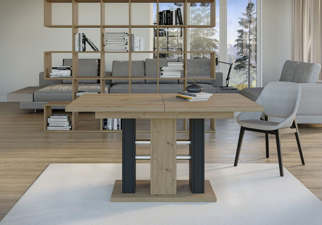 INOBA home Artisan Eiche/Schwarz Esstisch Ausziehbar B:140-180 cm H:75 cm T:90 cm - Tisch für Esszimmer Büro - Ausziehtisch - Säulentisch - Indu...