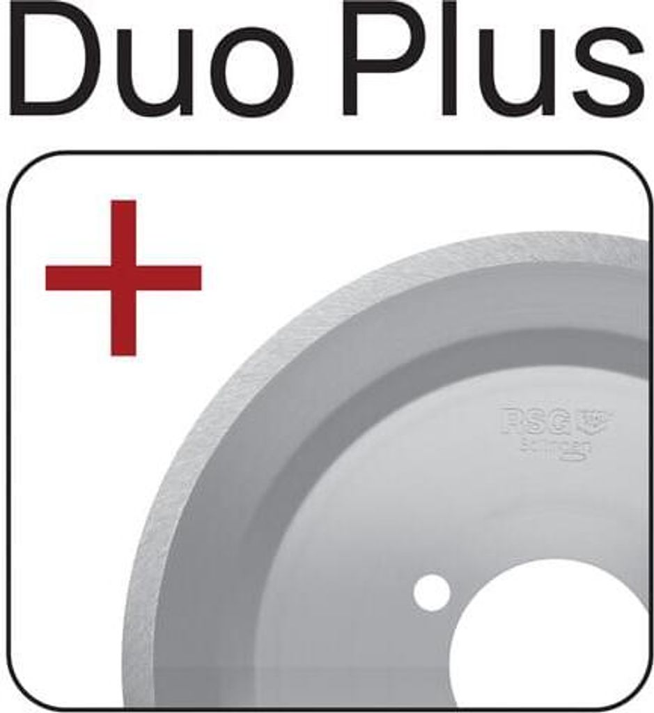 A close-up of a silver cutting blade with a red plus sign to the left, set against a white background. The text 'Duo Plus' is at the top.