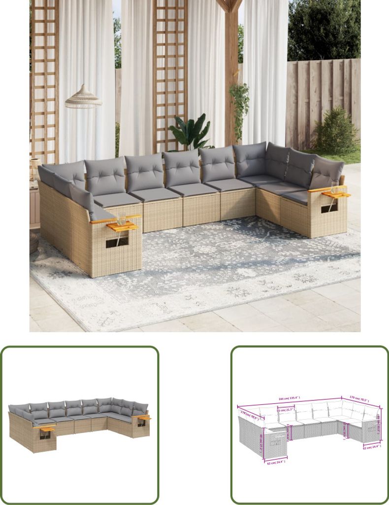 The Living Store 10-tlg. Garten-Sofagarnitur mit Kissen Beige Poly Rattan