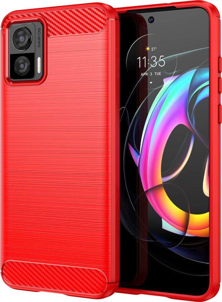 Motorola Edge 30 Lite Hülle, Carbon-Faser TPU Silikon Stoßfest Schutzhülle für Motorola Edge 30 Lite Rot