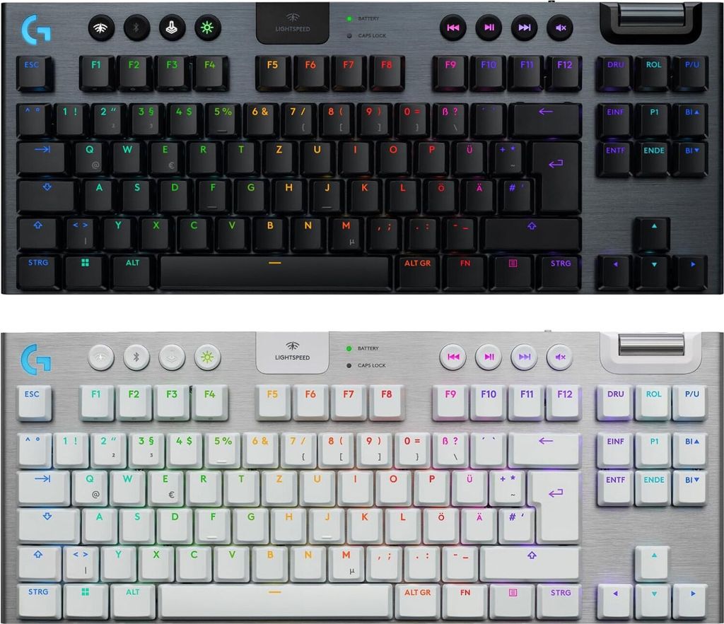 Two Logitech G915 TKL keyboards are shown, one black and one silver, stacked vertically.