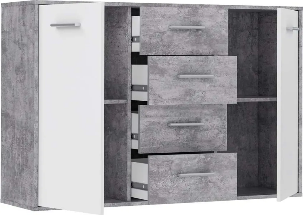 Commode de salon PILVI bicolore béton gris et blanc 122x88x34 cm