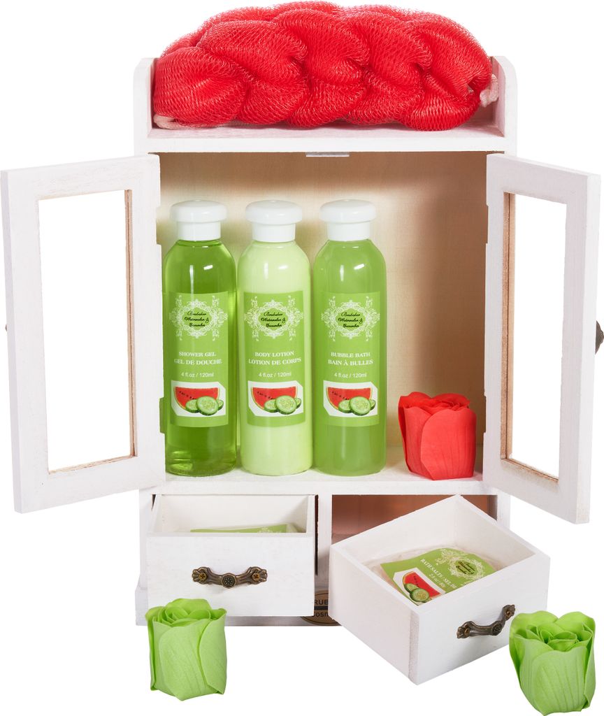 BRUBAKER Cosmetics - 10-teiliges Bade- und Pflege Set Geschenkset - Wassermelone & Gurke - im Vintage Beauty-Schrank Weiß