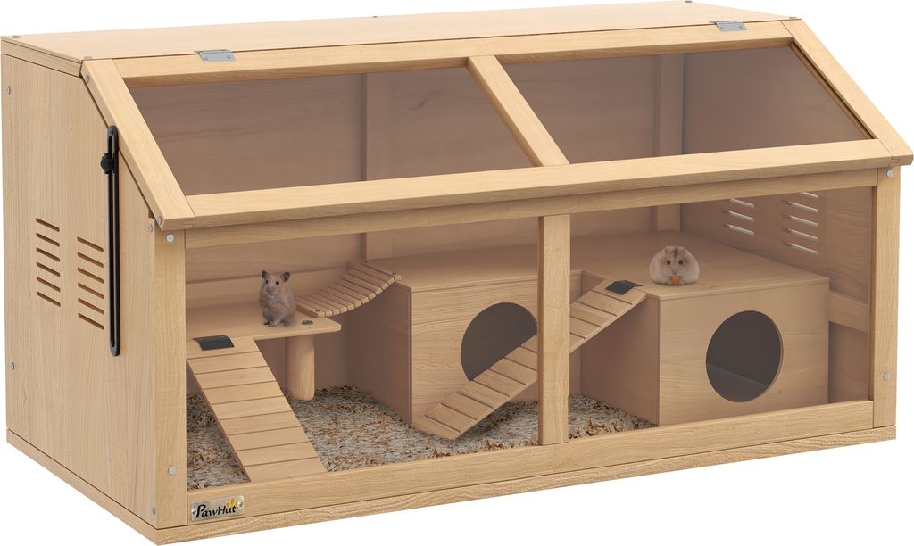 A wooden hamster cage with multiple levels, ramps, and houses, featuring two hamsters inside.
