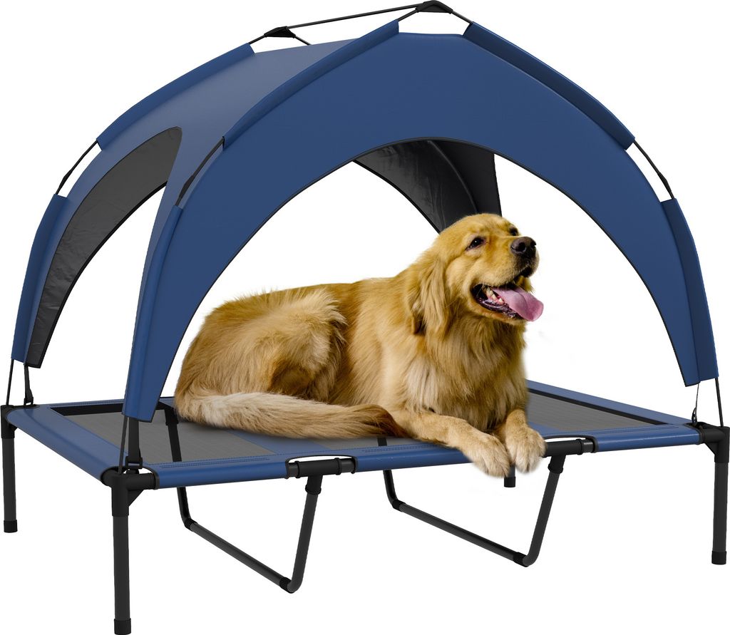 PawHut Erhöhtes Hundebett mit Baldachin, Haustierbett, Outdoor Hundeliege mit Dach, Atmungsaktiv, für große Hunde Dunkelblau Oxford 106 x 76 x 9...