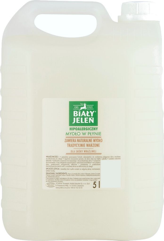 A large plastic container of liquid soap.