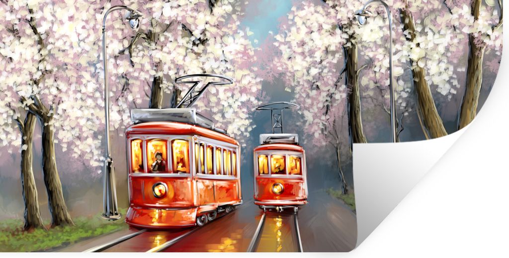 MuchoWow Wandtattoo Wandsticker Wandaufkleber Gemälde - Ölgemälde - Straßenbahn - Blühender Baum 80x40 cm Selbstklebend und Repositionierbar...