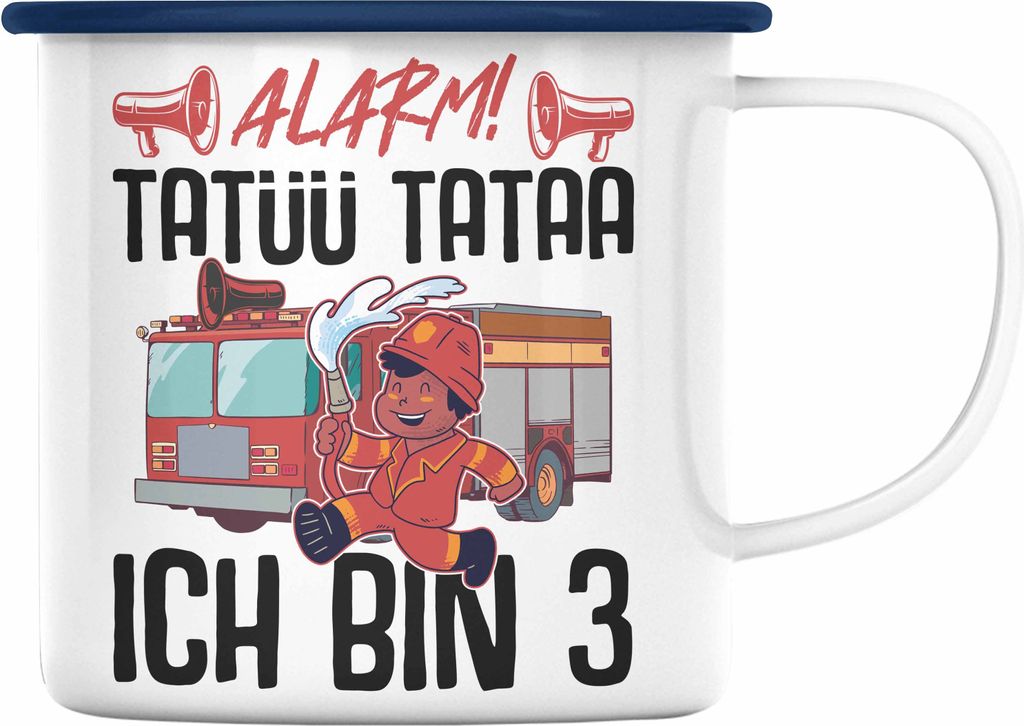 Trendation - 3. Geburtstag Geschenk Jungs Feuerwehr Emaille Tasse Geschenke Zubehör Lustig Kinder Geburtstag Spruch Ich Bin 3 (Blau)