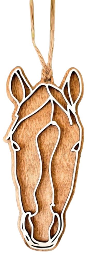 Hängender Pferdekopf aus Holz, rustikaler Weihnachtsbaumschmuck im Landhausstil, Hufeisen-Anhänger B