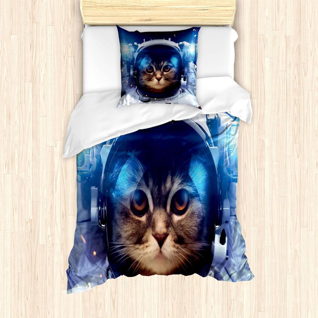 ABAKUHAUS Raum-Katze Bettbezug Set, Felline Astronaut Thema Lustig Illustration mit Wissenschaft Themen Universum erforschen, 135 x 200 cm + 80 x 8...