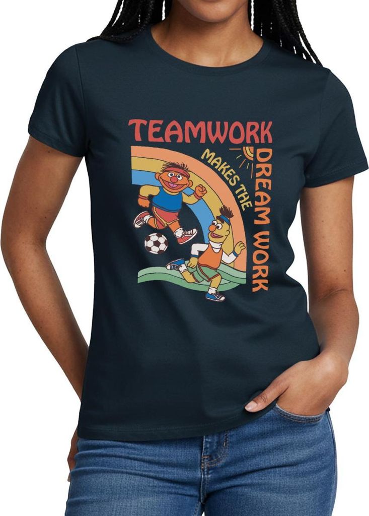 Spreadshirt Sesamstraße Teamwork Makes The Dream Work Mit Ernie Und Bert Frauen T-Shirt, XXL, Navy