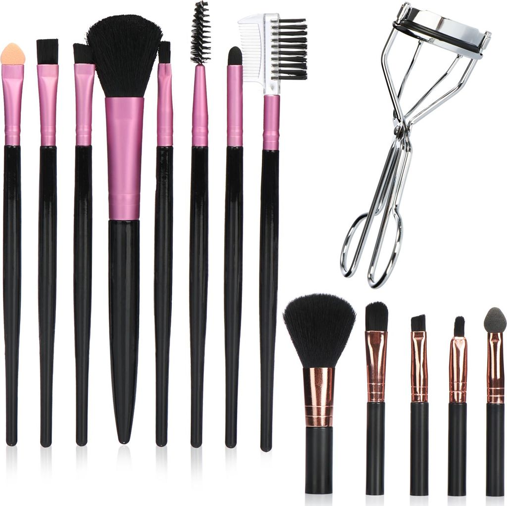 COM-FOUR 14-teiliges Make-Up Set - professionelle Kosmetikpinsel und Wimpernzange - Schminkpinsel, Applikatoren, Augenbrauenkamm [Farbe variiert]