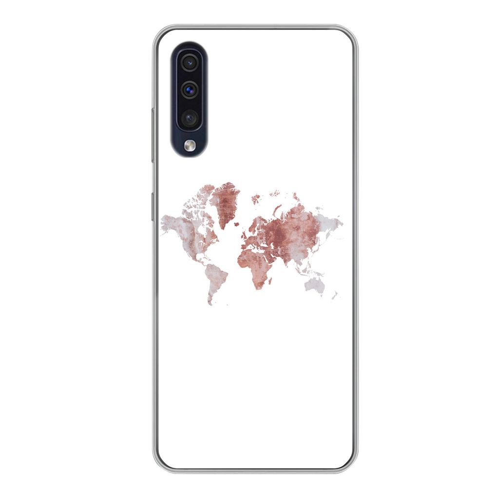 MuchoWow Handyhülle Schutzhülle Hülle für Samsung Galaxy A50 Weltkarte - Rosa - Farbe Silikon Softcase Handy Hülle - Mobiltelefonhülle