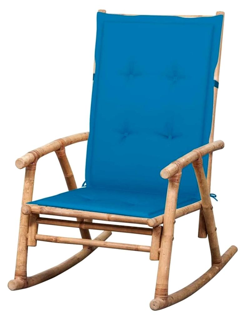 Schaukelstuhl aus Bambus mit Kissen, Relaxsessel für Garten und Terrasse, witterungsbeständig, blauer Bezug, 66 x 86 x 105 cm