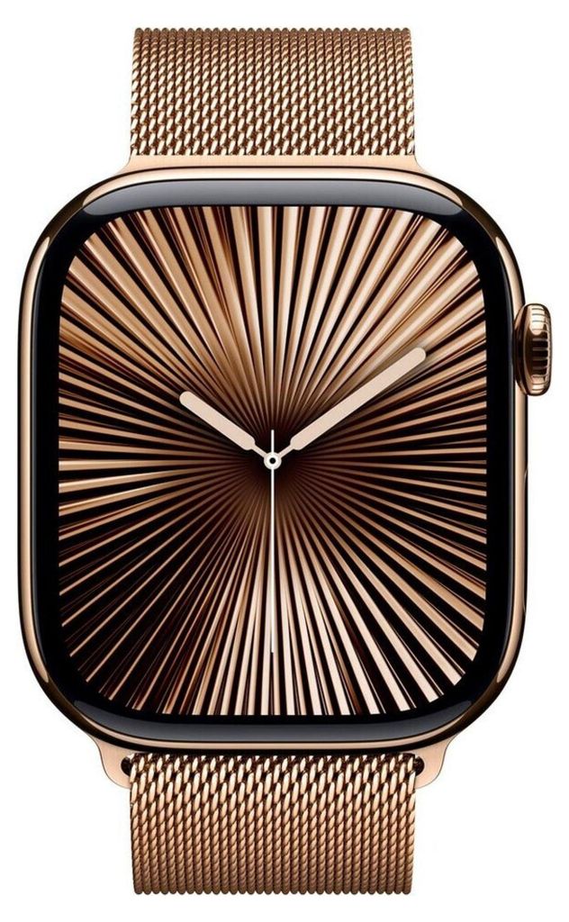 A close-up, front-facing shot of a rose gold Apple Watch with a unique, radial patterned watch face and a Milanese loop band.