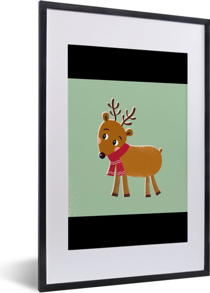MuchoWow Gerahmtes Poster Rentier - Weihnachten - Winter - Grün 40x60 cm - Poster mit Schwarzem Bilderrahmen Wandposter Rahmen Foto Bilder - Pos...