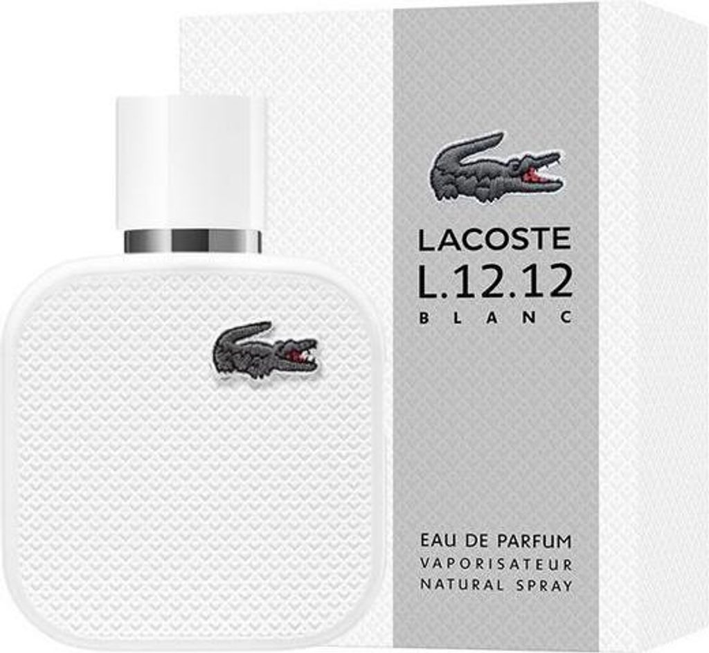 A white bottle of Lacoste L.12.12 Blanc Eau de Parfum for Men is shown next to its packaging.