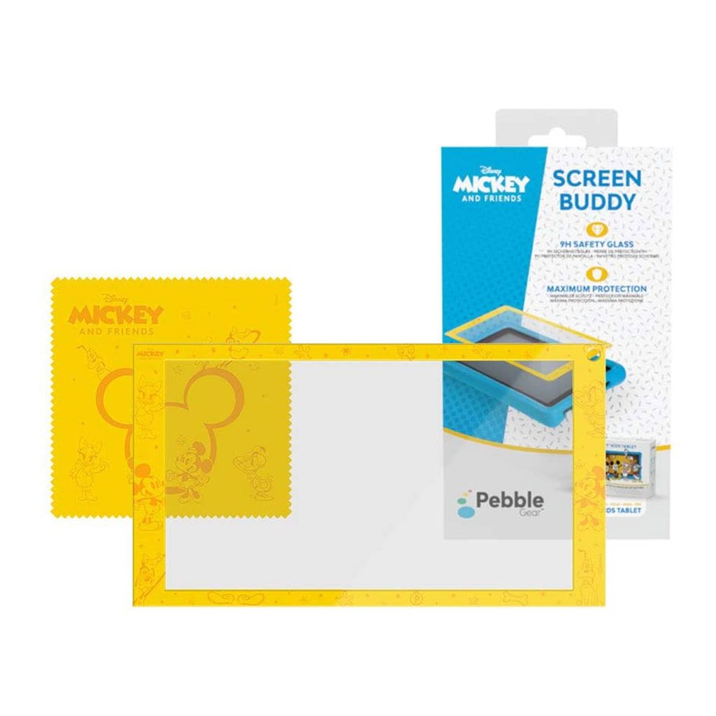 A product shot of a screen protector kit for a tablet, featuring Mickey and Friends branding.