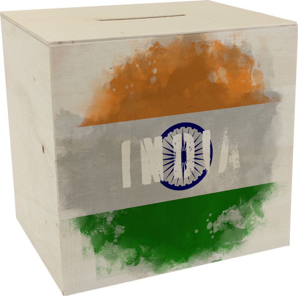 Spardose aus Holz mit Indien-Flagge im Used Look - Sparschwein für Urlauber