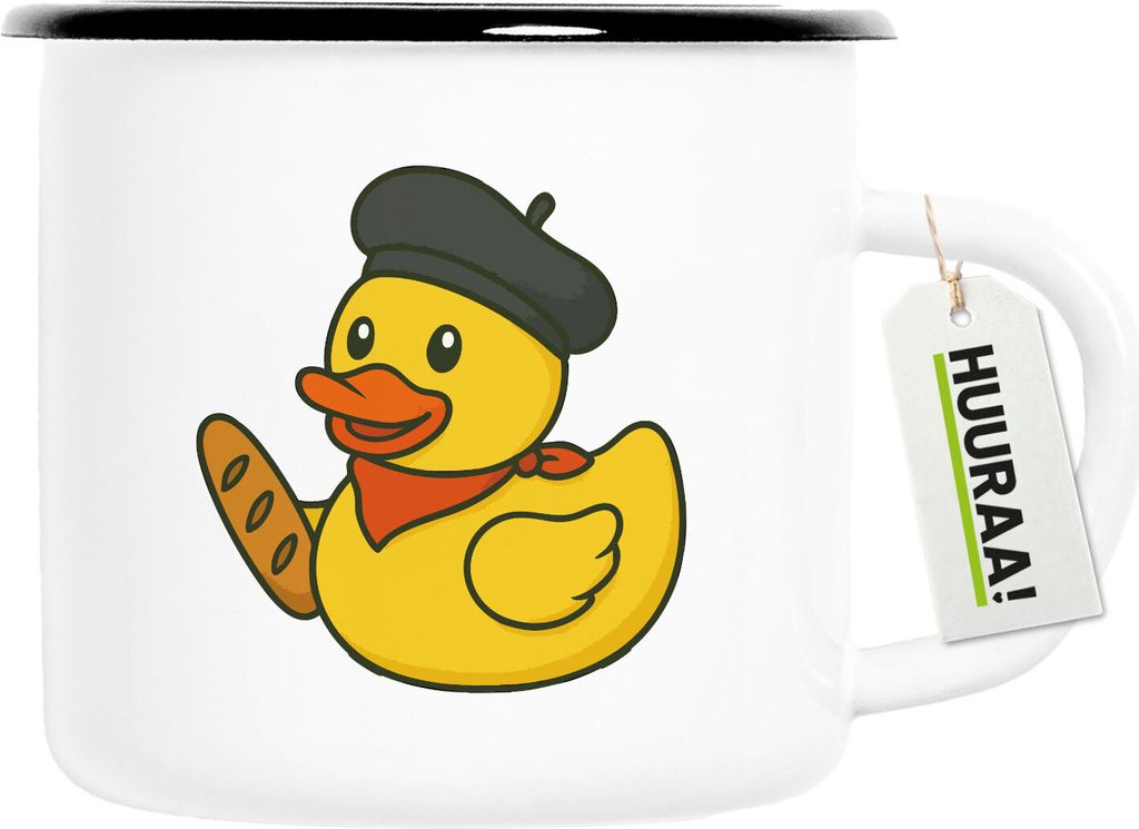 Huuraa Emaille Tasse Quietscheente Frankreich Gummiente Franzose 300ml Vintage Campingbecher Geschenkidee