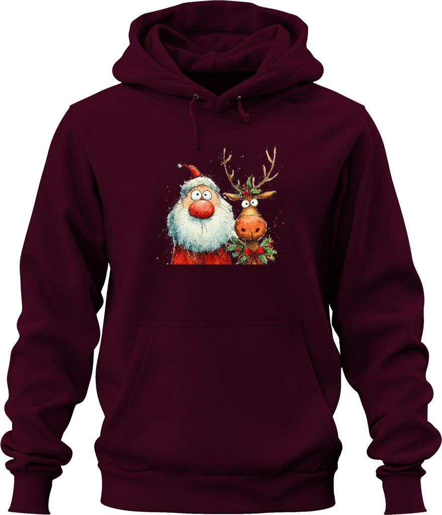 Lustiger Weihnachtsmann und Rentier Aquarell Weihnachten Geschenk Uni Hoodie Kapuzenpullover, Burgundy, XXL