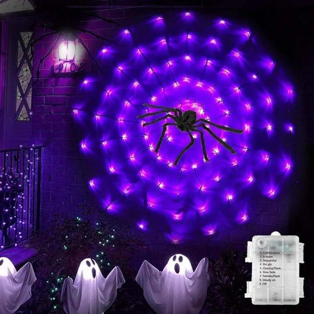 Toile d'araignée lumineuse Halloween LED résistante pluie et vent extérieur