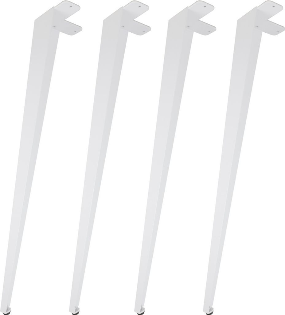 Four white table legs are arranged in a row against a white background.