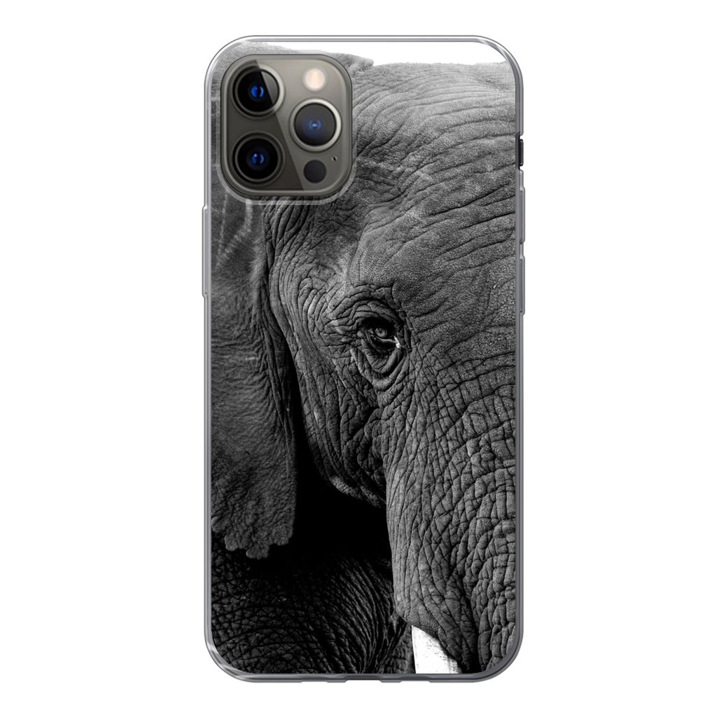 MuchoWow Handyhülle Schutzhülle Hülle für iPhone 12 Pro Elefant - Tiere - Schwarz - Weiß - Natur Silikon Softcase Handy Hülle - Abdeckung