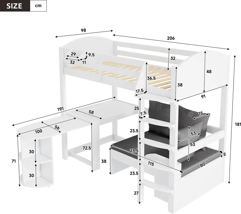 Lit combiné enfant 90x200 cm idéal pour petite chambre blanche - 5