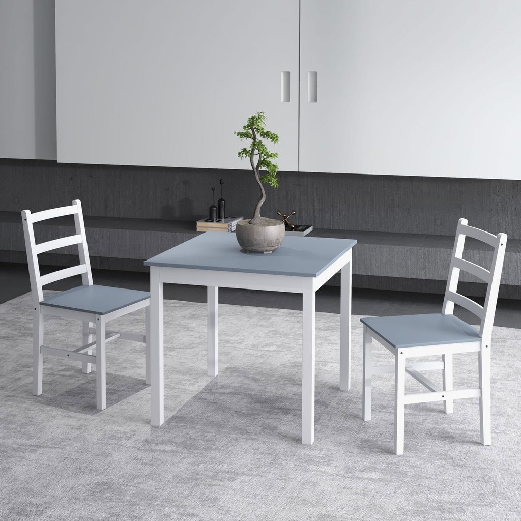Essgruppe 3-teilig Massivholz Kiefer, Esstisch mit 2 Stühlen, Küchentisch-Set Weiß-Grau, quadratisch | 75x75x75 cm | 9,5 kg | platzsparend