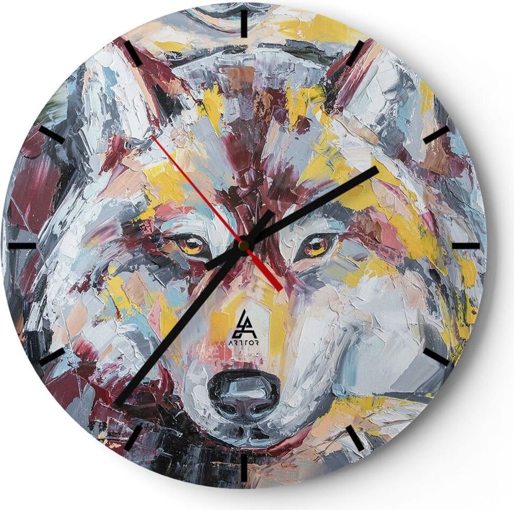 Wanduhr - Rund - Glasuhr - Öl Wolf Hund - 30x30cm - Schleichendes Uhrwerk - Lautlos - zum Aufhängen bereit - Dekoration Modern - Wanddekoration a...