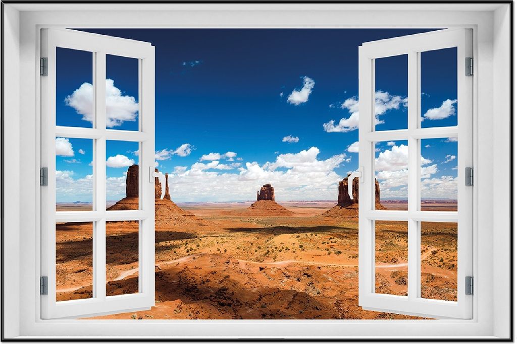 Wallario Wandbild mit Fenster-Illusion: Monument Valley, Größe: 61 x 91,5 cm, Poster mit schwarzem Aluminiumrahmen