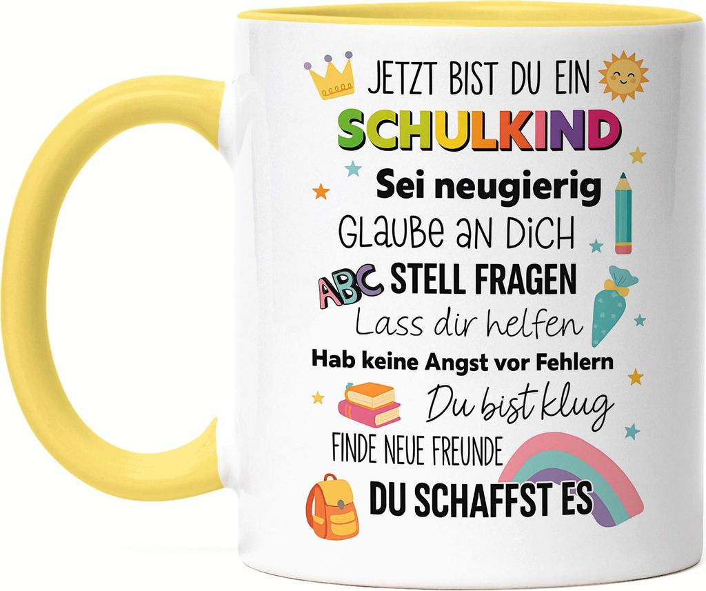 Schulkind Einschulung Tasse Gelb Geschenk Erstklässler Mädchen Junge ABC Schule Beginn Motiv originelle Deko Idee