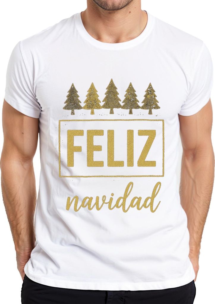 FELIZ navidad Weihnachten Weihnachtsbaum Gold Glitzer Geschenk Herren T-Shirt, Weiß, L