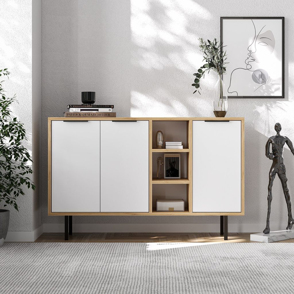Skye Decor, Viyana - Sapphire Oak, White, Konsole, 100 % Melaminbeschichtete Spanplatten, Saphireiche, 120 x 29,6 x 75 cm