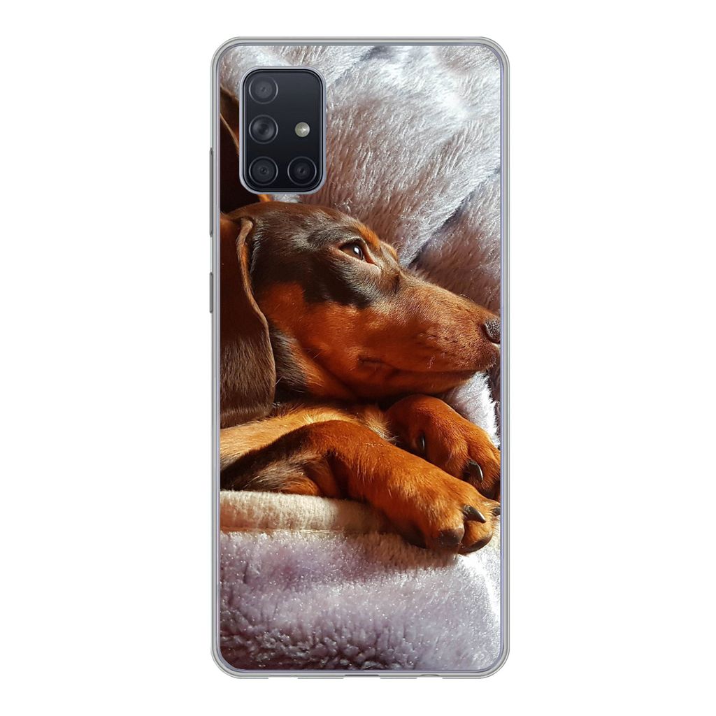 MuchoWow Handyhülle Schutzhülle Hülle für Samsung Galaxy A71 Niedlicher Dackel liegt unter der Bettdecke Silikon Softcase Handy Hülle - Kart...