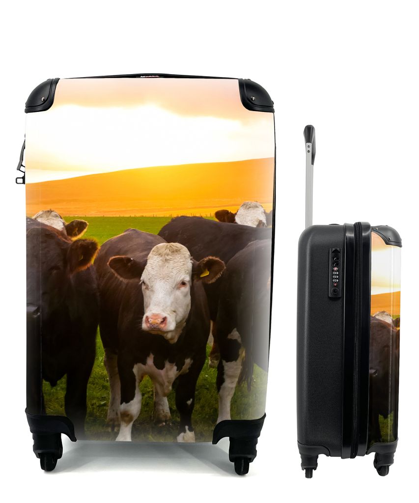 MuchoWow Koffer Handgepäck Trolley Rollkoffer Kleine Reisekoffer mit 4 Rollen - Kühe - Hügel - Sonnenuntergang - Gras - Grün - Cabin Size < 5...