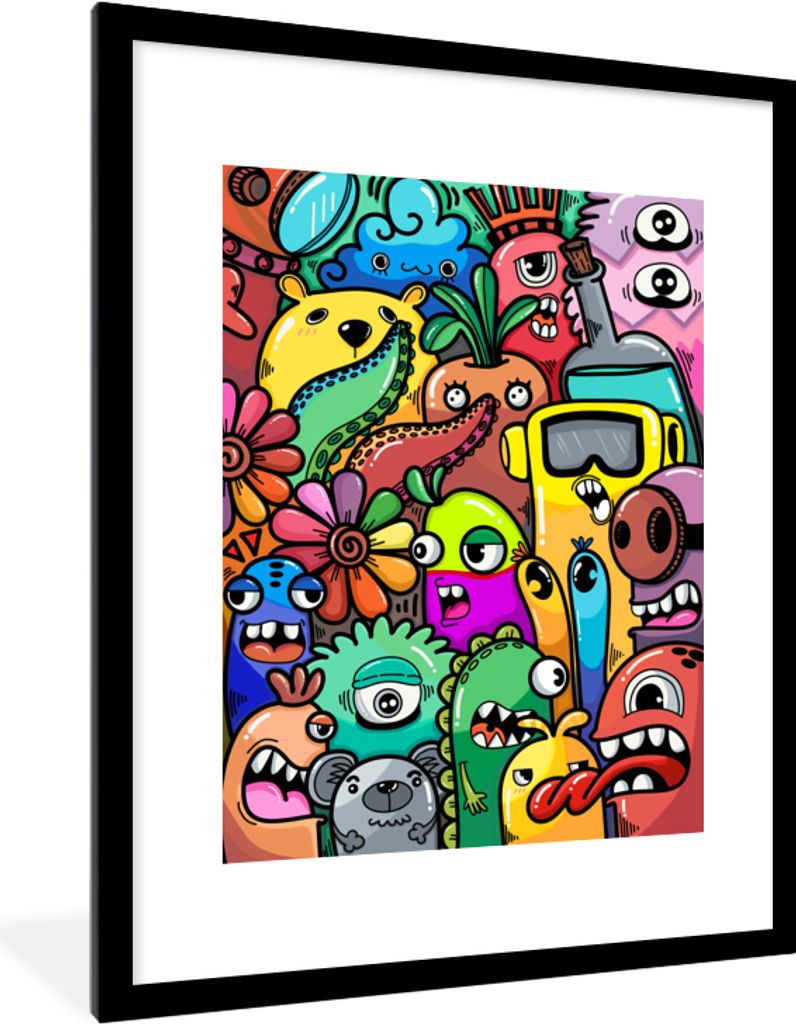 MuchoWow Gerahmtes Poster Monster - Muster - Gemüse - Blumen - Regenbogen - Kinder 60x80 cm - Poster mit Schwarzem Bilderrahmen Wandposter Rahme...
