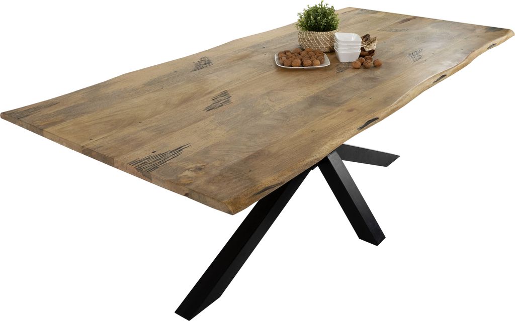 Esstisch Baumkante Massiv Mango naturfarben 220 x 100 schwarz Spider-Gestell Tiger