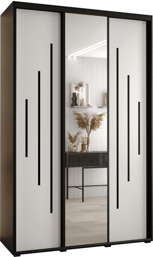 MEBLE KRYSPOL Cannes 13 Schrank mit 3 Schiebetüren - 205,2x150x60 cm - Schwarz Weiß Schwarz