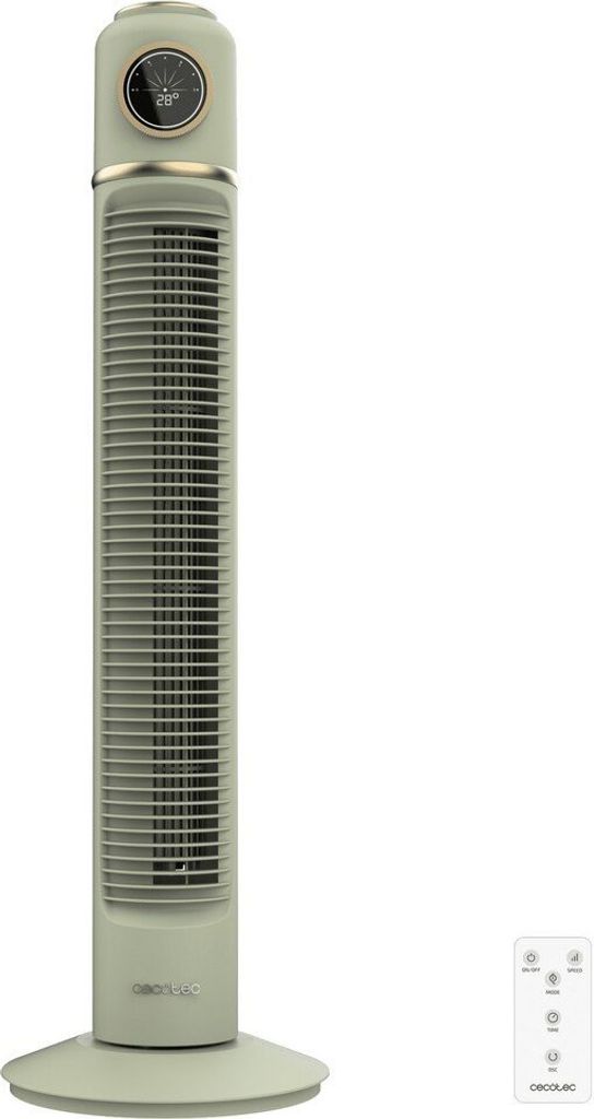 A tall, slim tower fan with a retro design and a remote control.