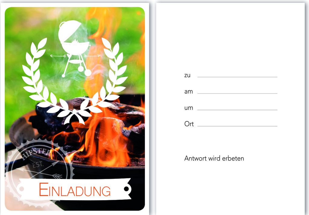 Einladung (5 Stück)- Grill mit Feuer - Karte mit Umschlag