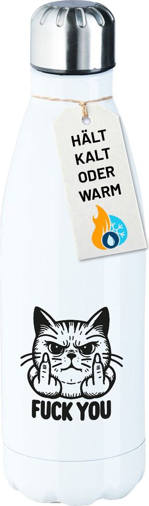 Huuraa Trinkflasche F*ck you grimmige Katze 500ml White Edelstahl Wasserflasche Trinkflasche Geschenkidee