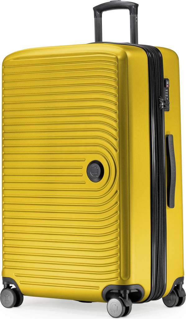 A yellow suitcase on a white background.