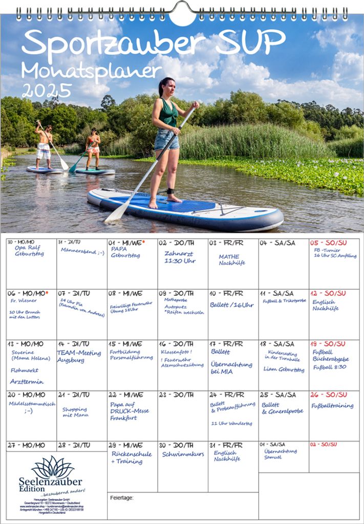 Sportzauber SUP Planer DIN A3 Kalender für 2025 Freizeit Sport See - Seelenzauber